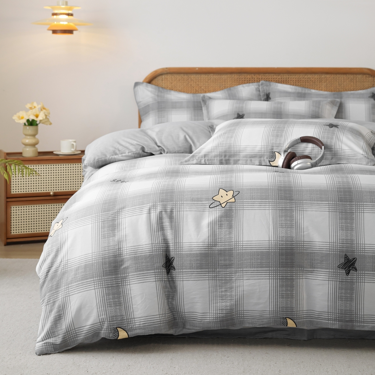 91家纺网 家纺一手货源 找家纺 梦纤绒 2026新款全棉纯棉印花四件套 星月方格