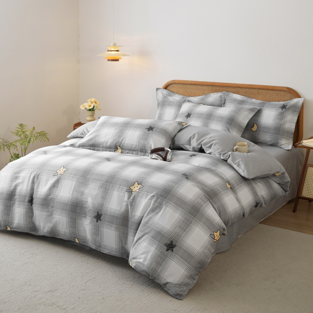 91家纺网 家纺一手货源 找家纺 梦纤绒 2026新款全棉纯棉印花四件套 星月方格