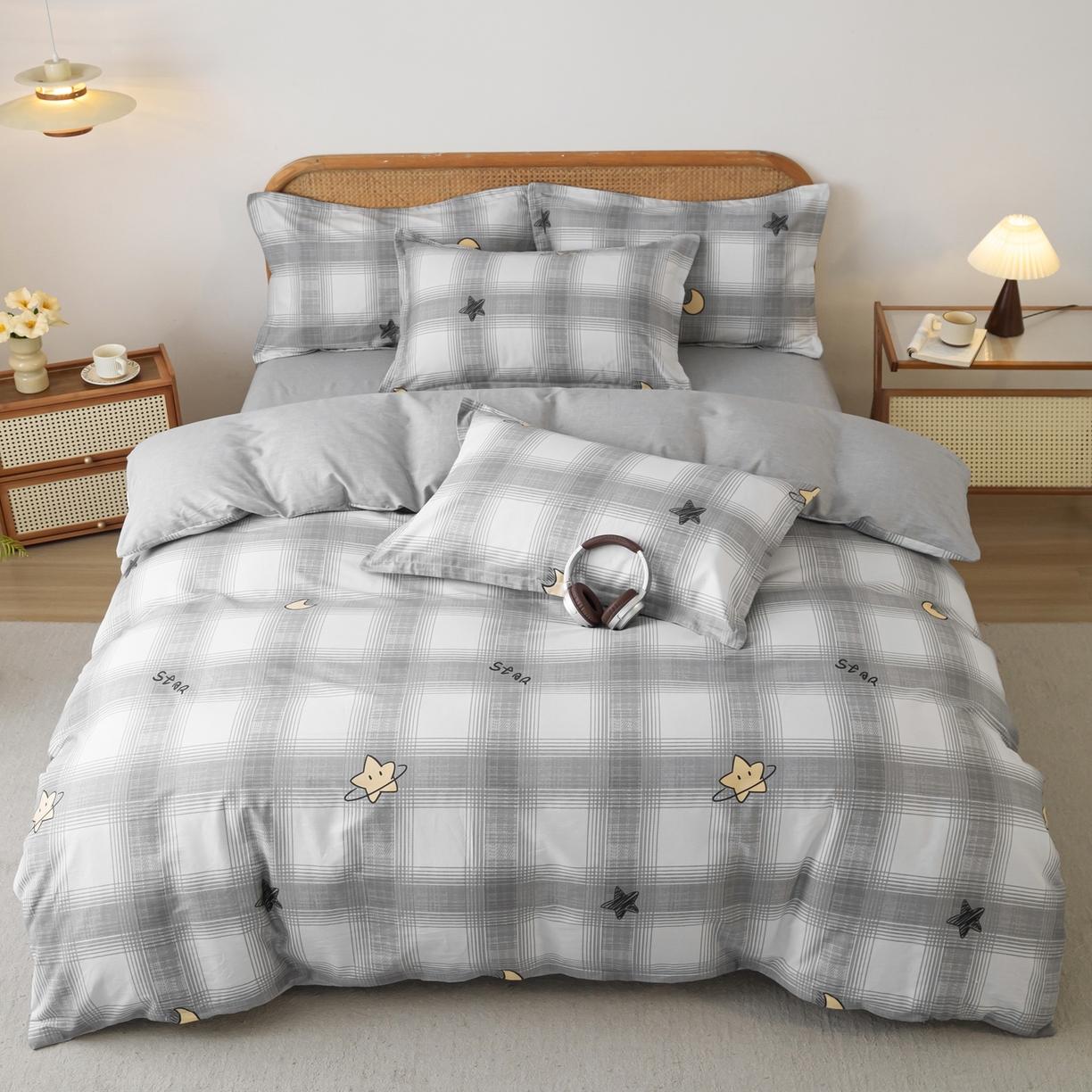 91家纺网 家纺一手货源 找家纺 梦纤绒 2026新款全棉纯棉印花四件套 星月方格