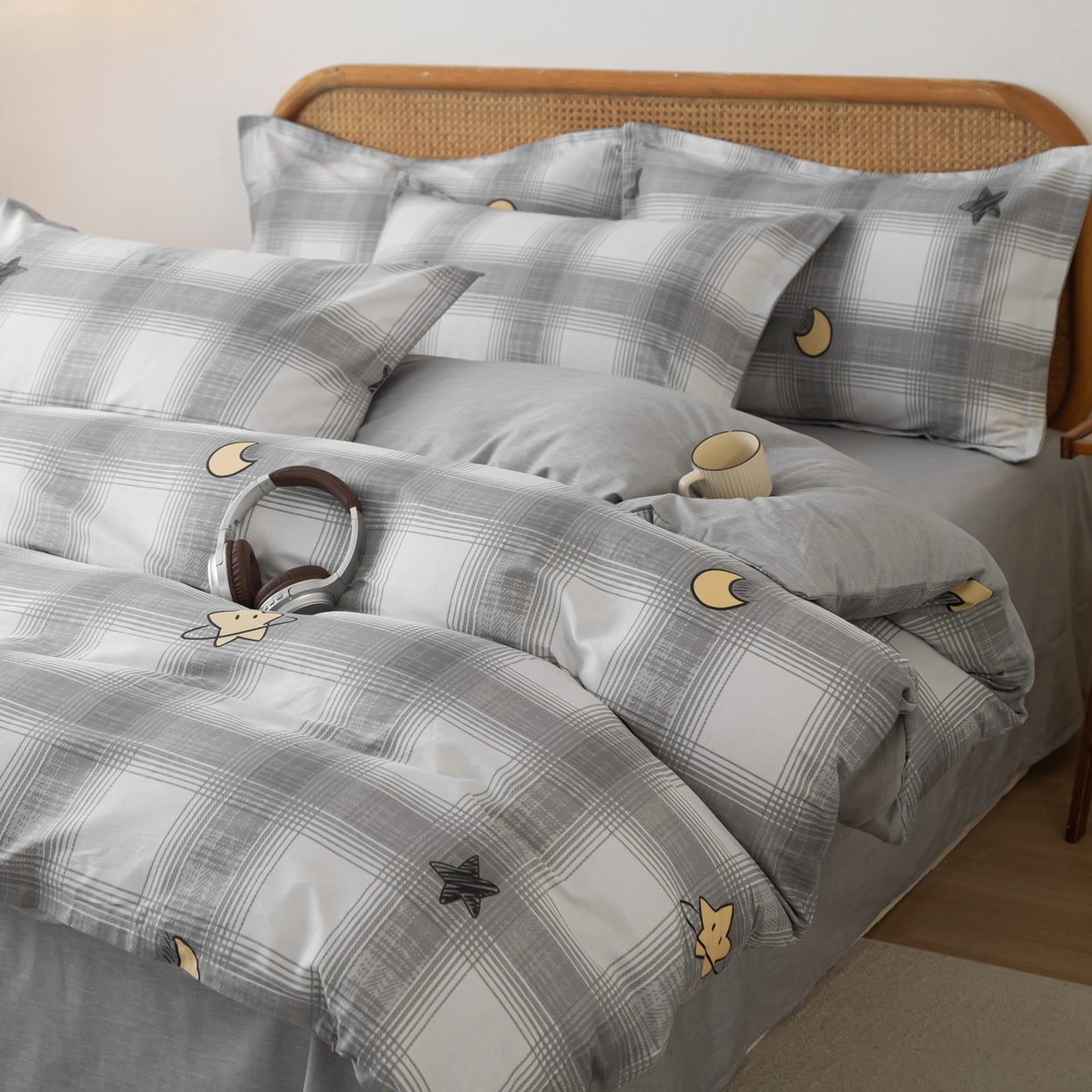 91家纺网 家纺一手货源 找家纺 梦纤绒 2026新款全棉纯棉印花四件套 星月方格