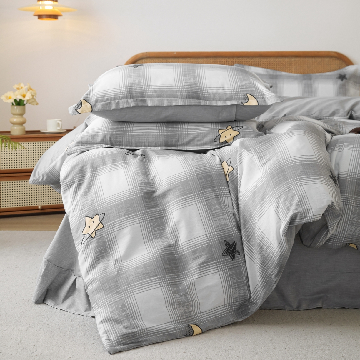 91家纺网 家纺一手货源 找家纺 梦纤绒 2026新款全棉纯棉印花四件套 星月方格