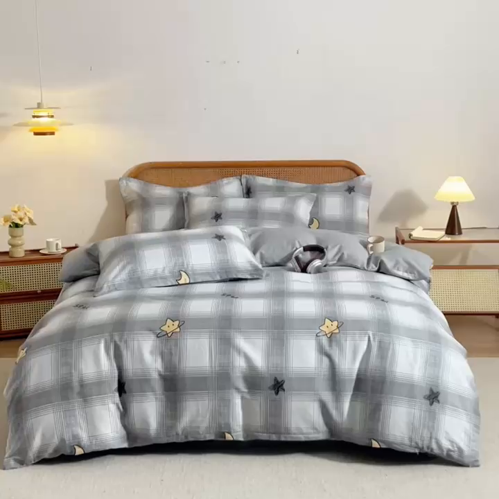 91家纺网 家纺一手货源 找家纺 梦纤绒 2026新款全棉纯棉印花四件套 星月方格