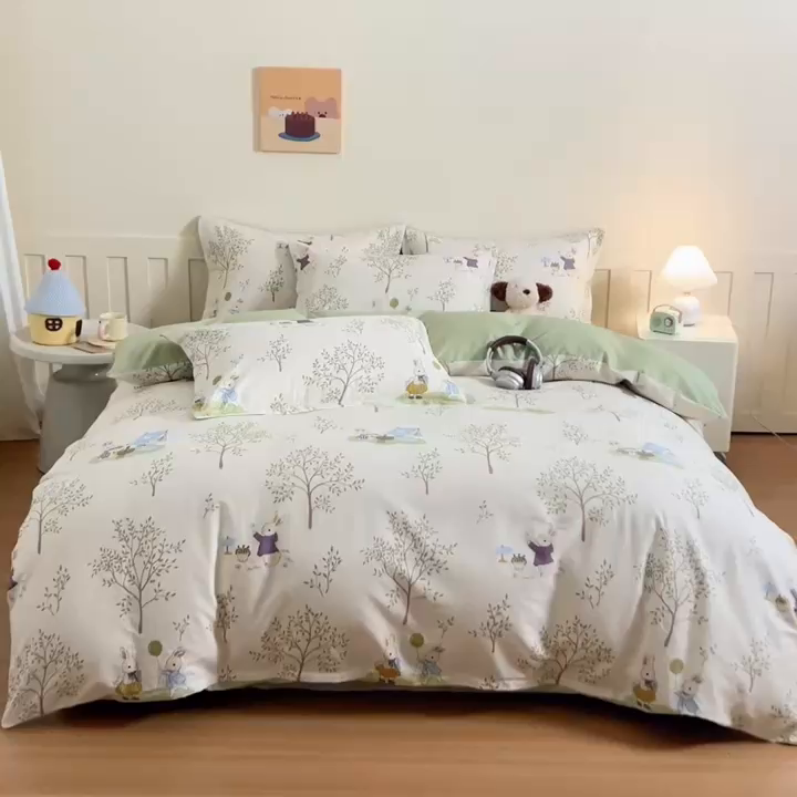 91家纺网 家纺一手货源 找家纺 梦纤绒 2026新款全棉纯棉印花四件套 森林兔
