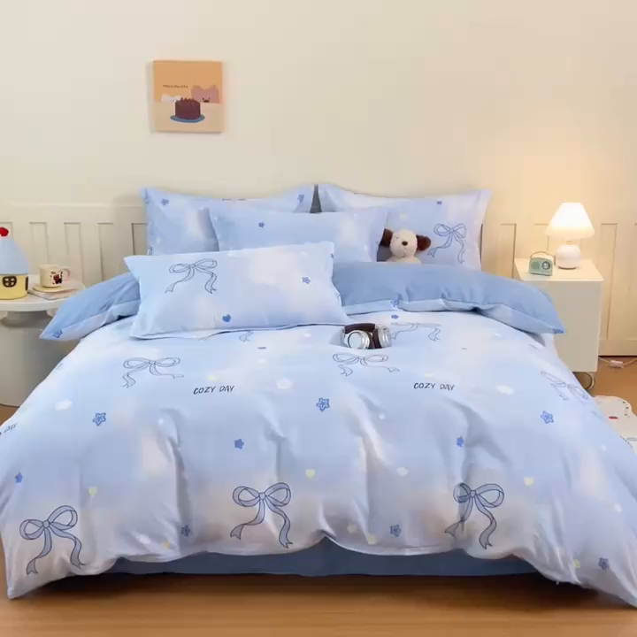 91家纺网 家纺一手货源 找家纺 梦纤绒 2026新款全棉纯棉印花四件套 蝴蝶结蓝