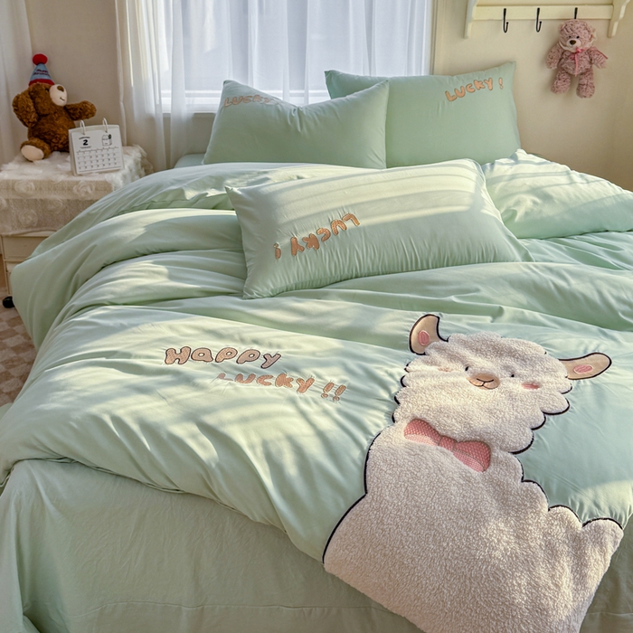 91家纺网 家纺一手货源 找家纺 橘子家 2026新款卡通绣花四件套 咩咩羊