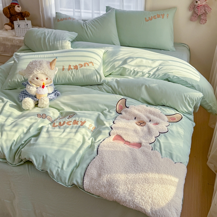 91家纺网 家纺一手货源 找家纺 橘子家 2026新款卡通绣花四件套 咩咩羊