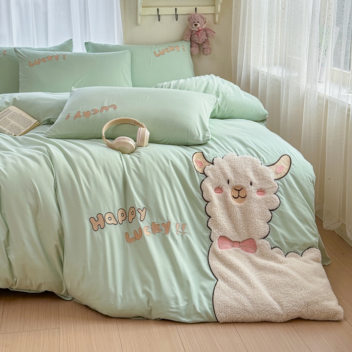 91家纺网 家纺一手货源 找家纺 橘子家 2026新款卡通绣花四件套 咩咩羊