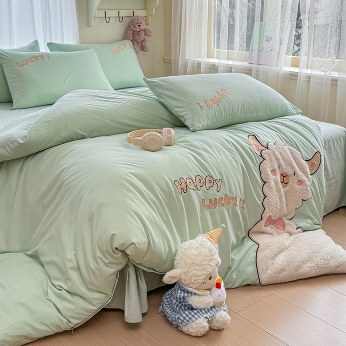 91家纺网 家纺一手货源 找家纺 橘子家 2026新款卡通绣花四件套 咩咩羊