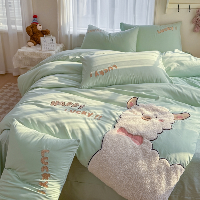 91家纺网 家纺一手货源 找家纺 橘子家 2026新款卡通绣花四件套 咩咩羊