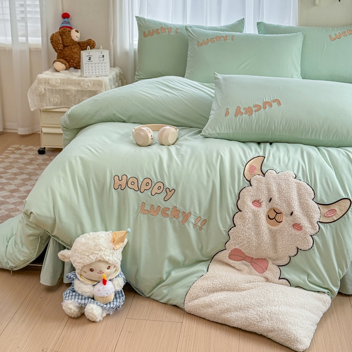 91家纺网 家纺一手货源 找家纺 橘子家 2026新款卡通绣花四件套 咩咩羊