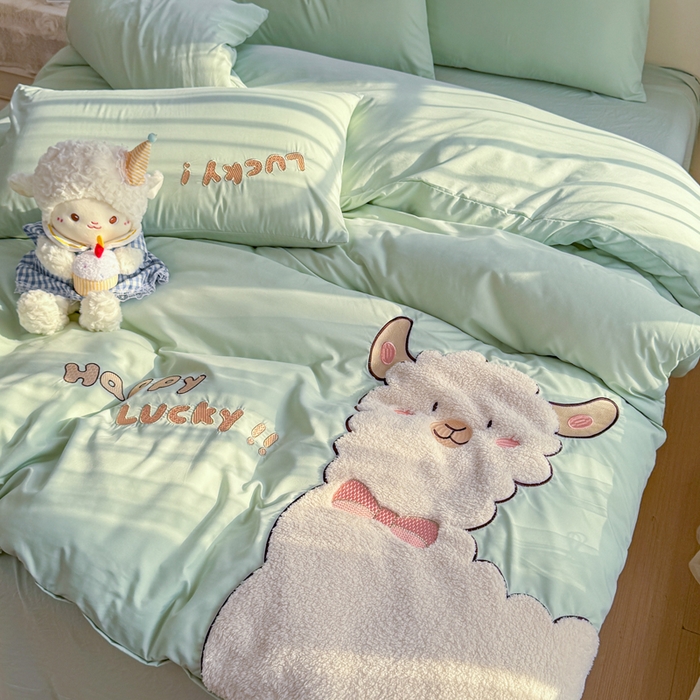 91家纺网 家纺一手货源 找家纺 橘子家 2026新款卡通绣花四件套 咩咩羊