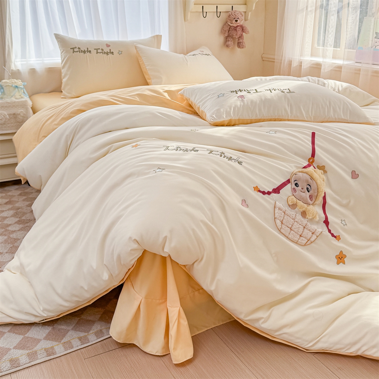 91家纺网 家纺一手货源 找家纺 橘子家 2026新款卡通绣花四件套 星星人