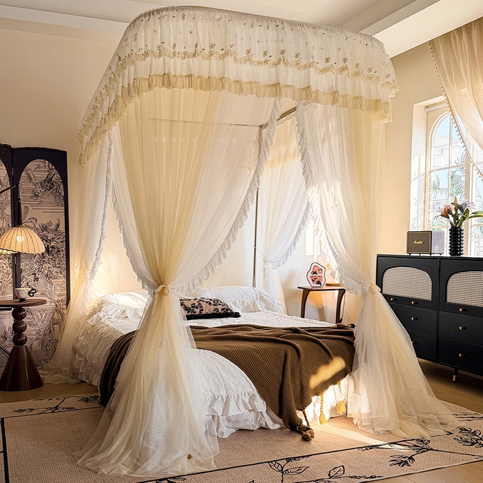 都市缘蚊帐 2026新款900绣花轨道支架宫廷蚊帐1.5m 1.8m 900四叶草-米黄