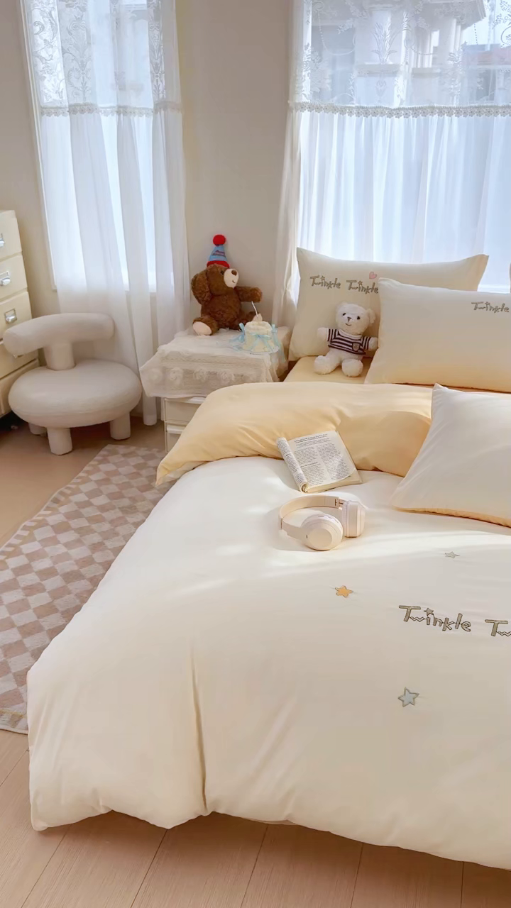 91家纺网 家纺一手货源 找家纺 橘子家 2026新款卡通绣花四件套 星星人