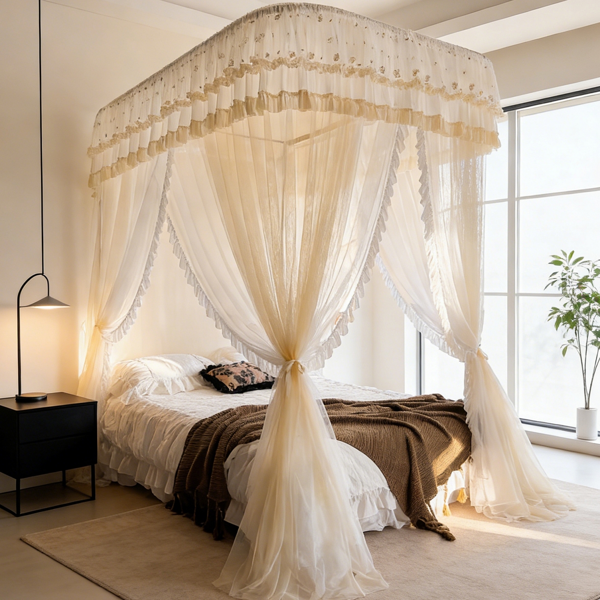 91家纺网 家纺一手货源 找家纺 都市缘蚊帐 2026新款900绣花轨道支架宫廷蚊帐1.5m 1.8m 900四叶草-米黄