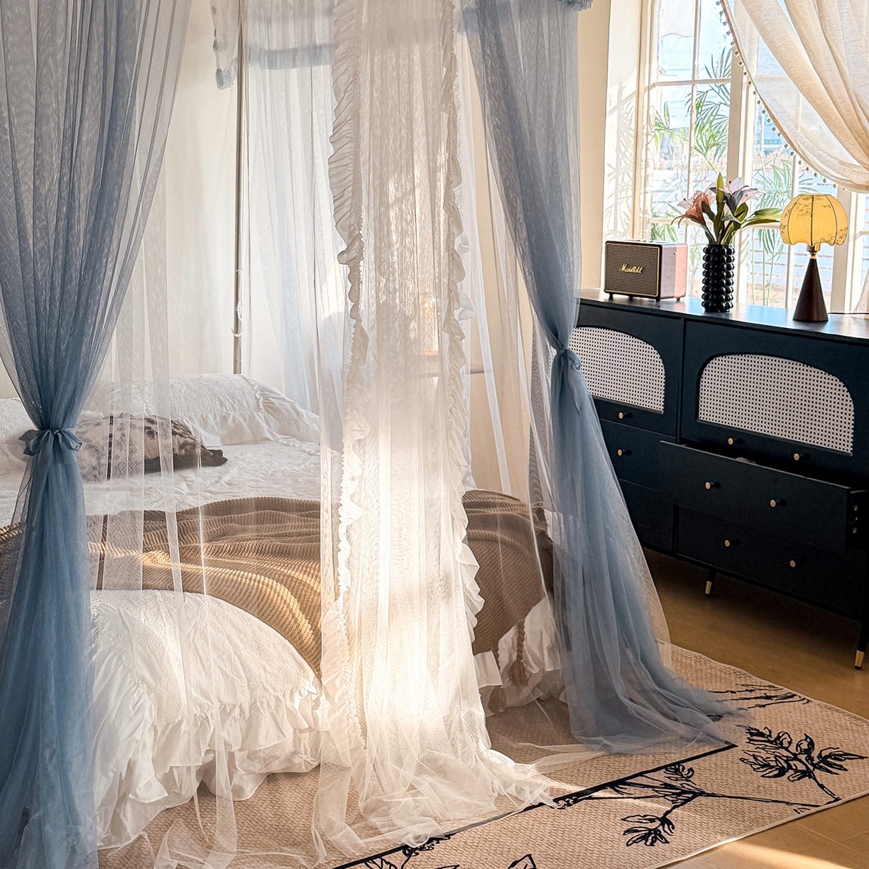 91家纺网 家纺一手货源 找家纺 都市缘蚊帐 2026新款900绣花轨道支架宫廷蚊帐1.5m 1.8m 900四叶草-兰灰