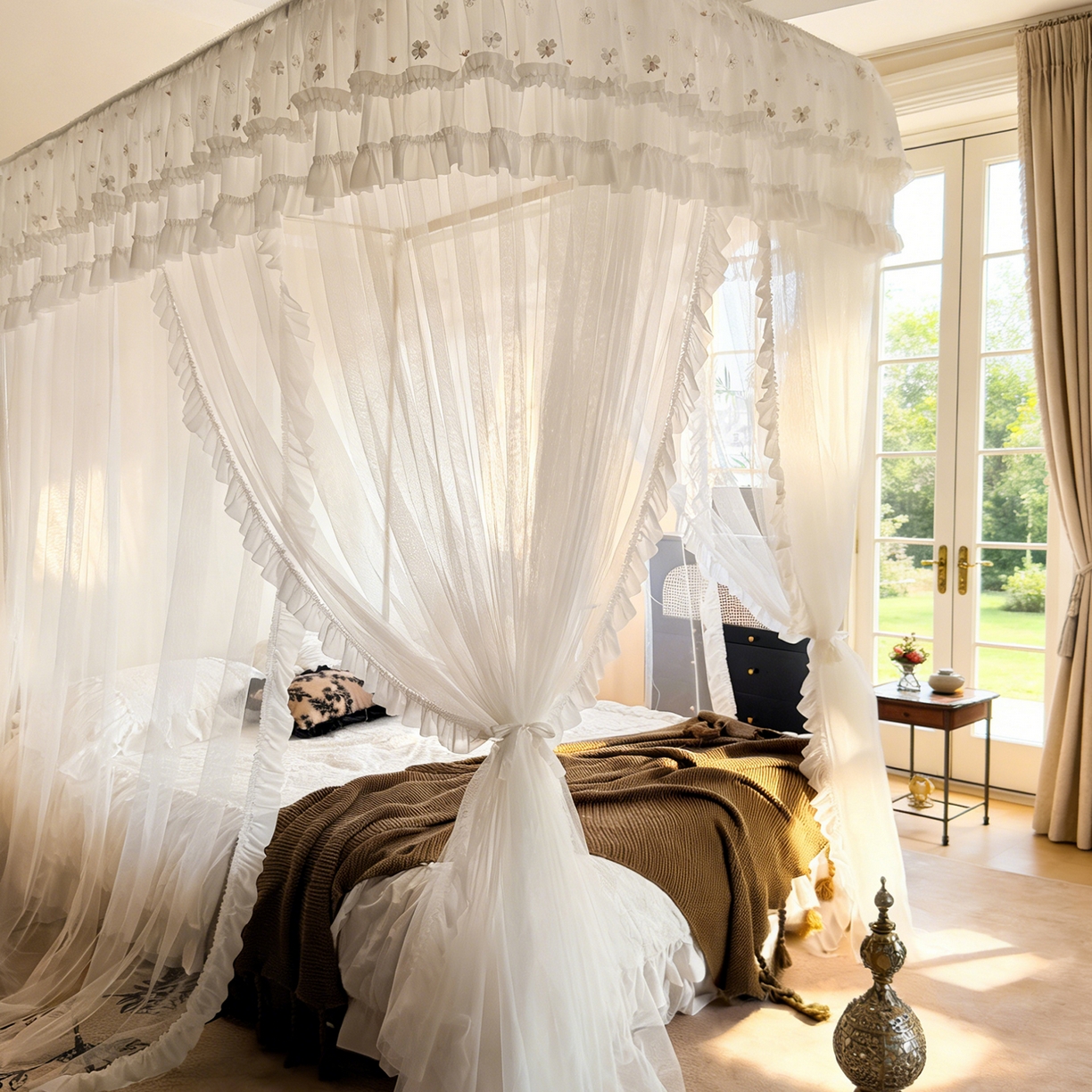 91家纺网 家纺一手货源 找家纺 都市缘蚊帐 2026新款900绣花轨道支架宫廷蚊帐1.5m 1.8m 900四叶草-白色