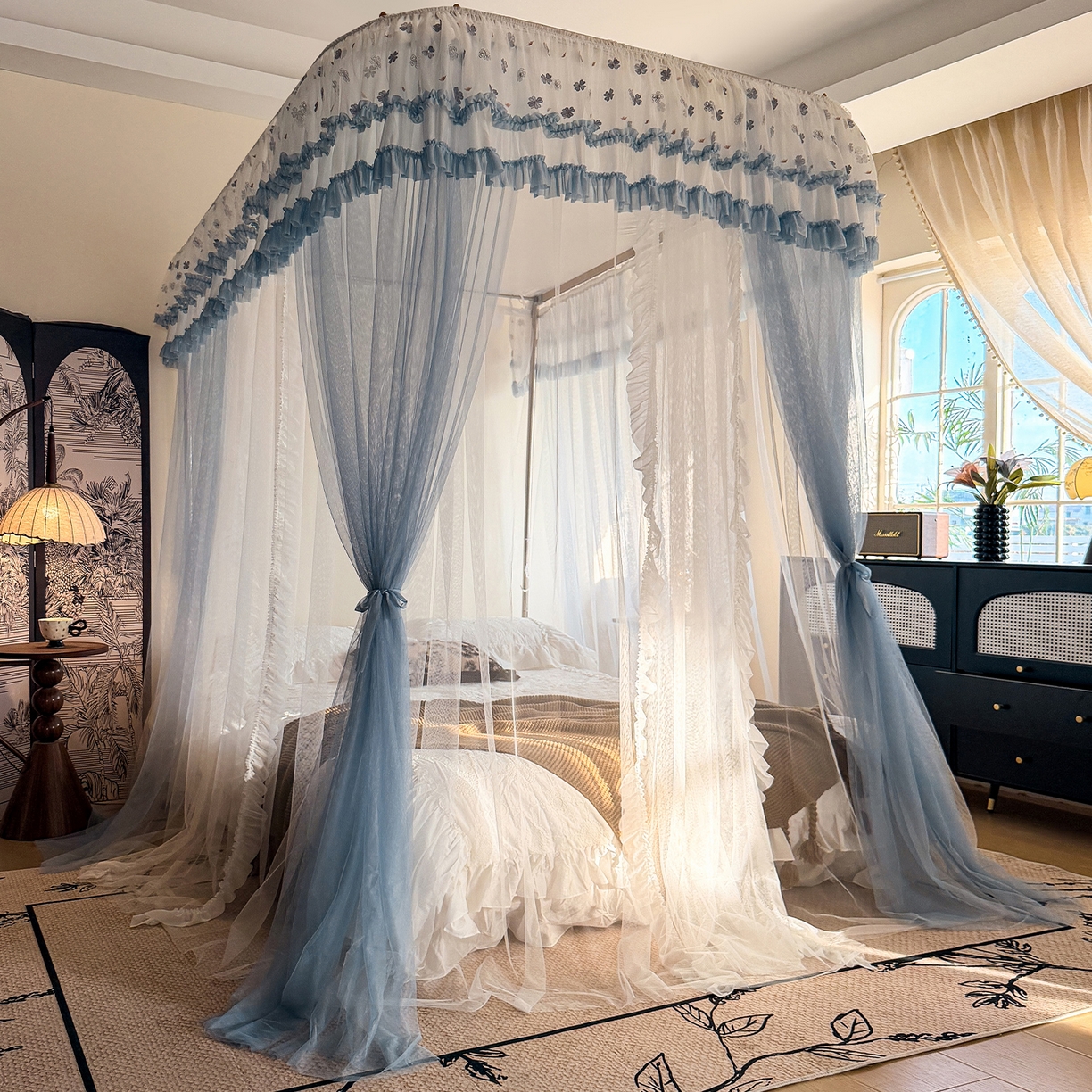 91家纺网 家纺一手货源 找家纺 都市缘蚊帐 2026新款900绣花轨道支架宫廷蚊帐1.5m 1.8m 900四叶草-兰灰