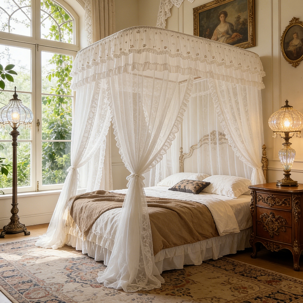 91家纺网 家纺一手货源 找家纺 都市缘蚊帐 2026新款900绣花轨道支架宫廷蚊帐1.5m 1.8m 900四叶草-白色