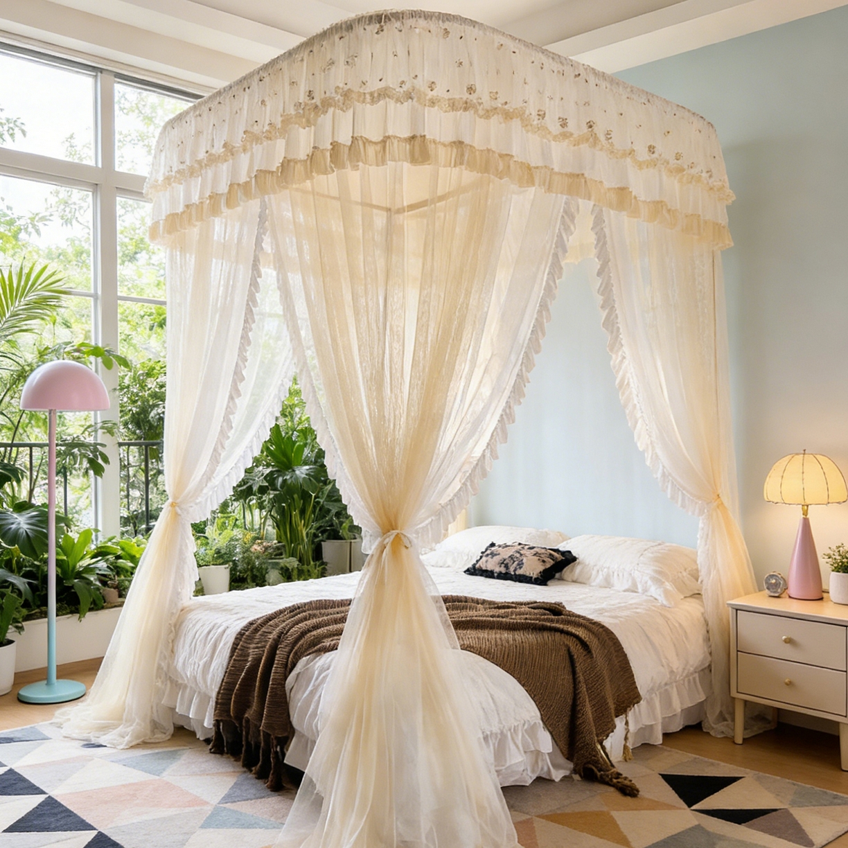 91家纺网 家纺一手货源 找家纺 都市缘蚊帐 2026新款900绣花轨道支架宫廷蚊帐1.5m 1.8m 900四叶草-米黄