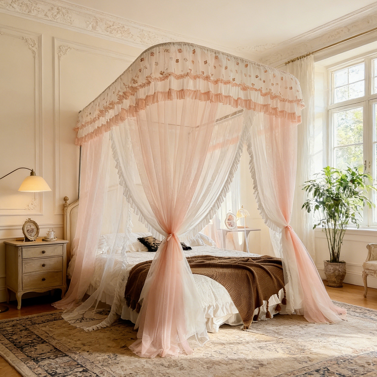 91家纺网 家纺一手货源 找家纺 都市缘蚊帐 2026新款900绣花轨道支架宫廷蚊帐1.5m 1.8m 900四叶草-玉色