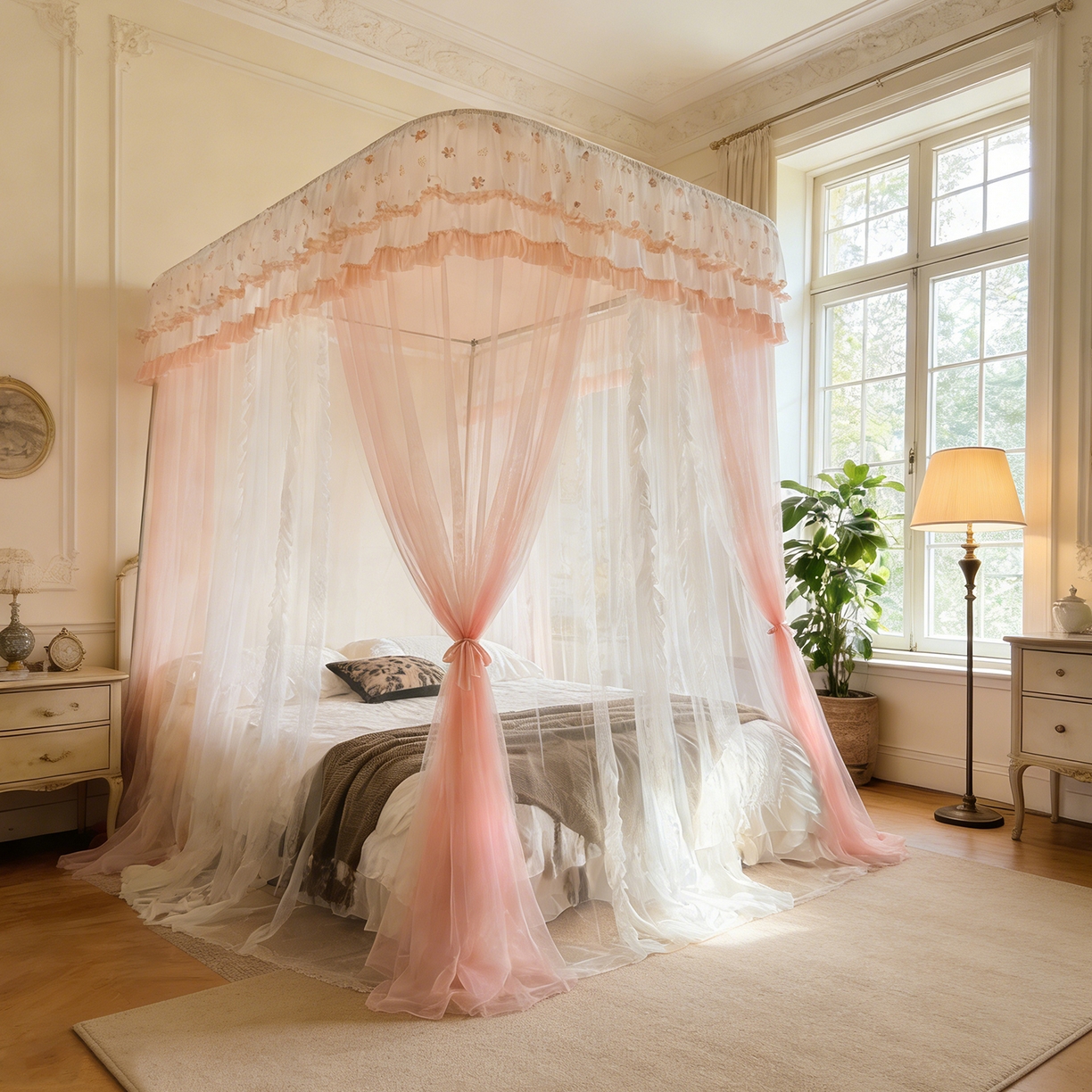 91家纺网 家纺一手货源 找家纺 都市缘蚊帐 2026新款900绣花轨道支架宫廷蚊帐1.5m 1.8m 900四叶草-玉色