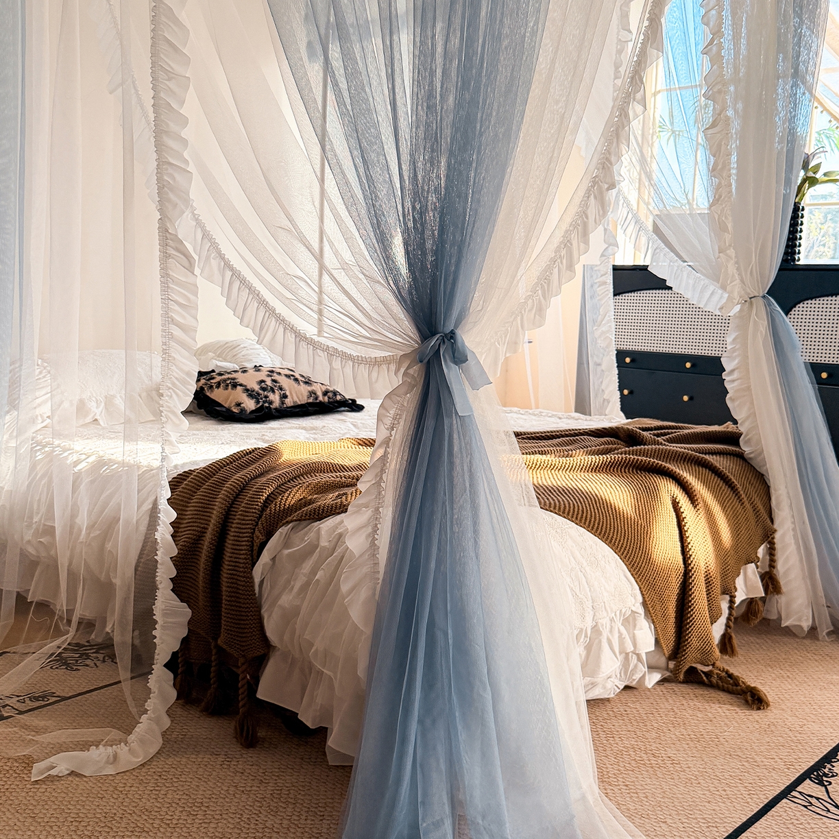 91家纺网 家纺一手货源 找家纺 都市缘蚊帐 2026新款900绣花轨道支架宫廷蚊帐1.5m 1.8m 900四叶草-兰灰