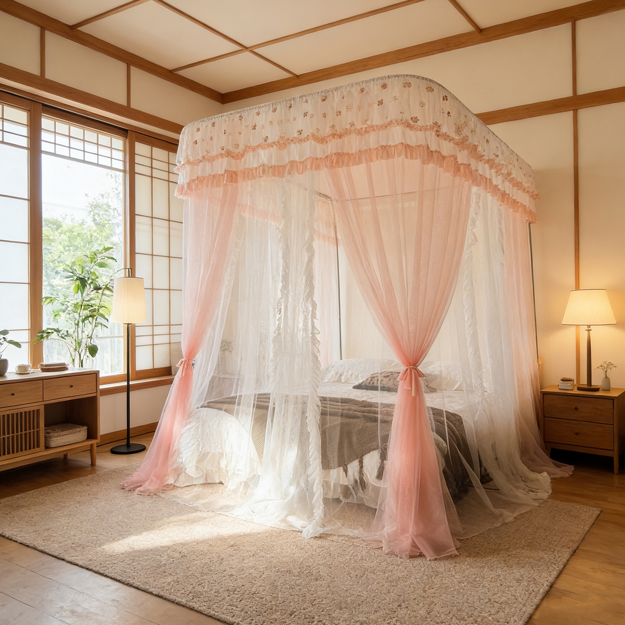 91家纺网 家纺一手货源 找家纺 都市缘蚊帐 2026新款900绣花轨道支架宫廷蚊帐1.5m 1.8m 900四叶草-玉色