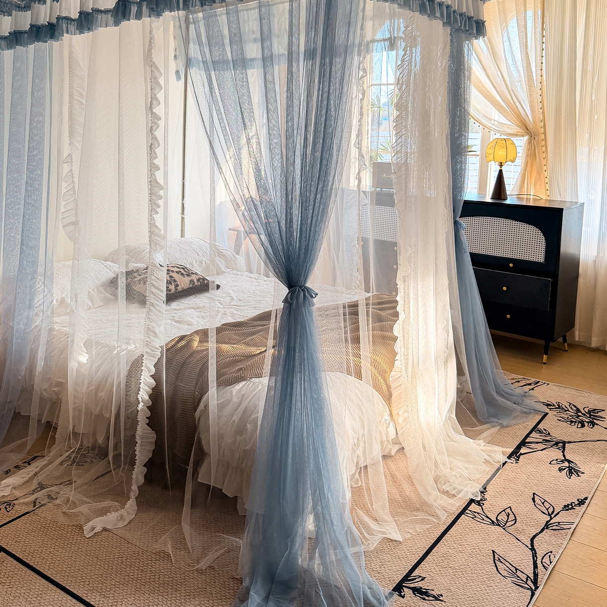 91家纺网 家纺一手货源 找家纺 都市缘蚊帐 2026新款900绣花轨道支架宫廷蚊帐1.5m 1.8m 900四叶草-兰灰