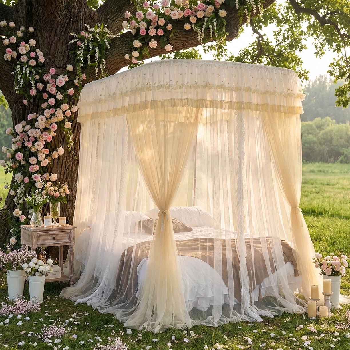 91家纺网 家纺一手货源 找家纺 都市缘蚊帐 2026新款900绣花轨道支架宫廷蚊帐1.5m 1.8m 900四叶草-米黄