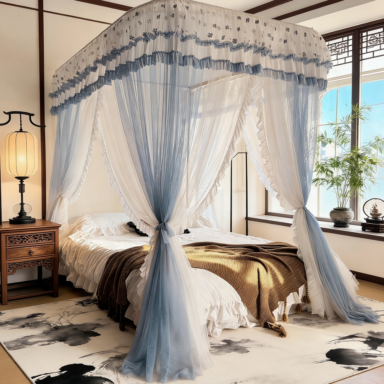 91家纺网 家纺一手货源 找家纺 都市缘蚊帐 2026新款900绣花轨道支架宫廷蚊帐1.5m 1.8m 900四叶草-兰灰