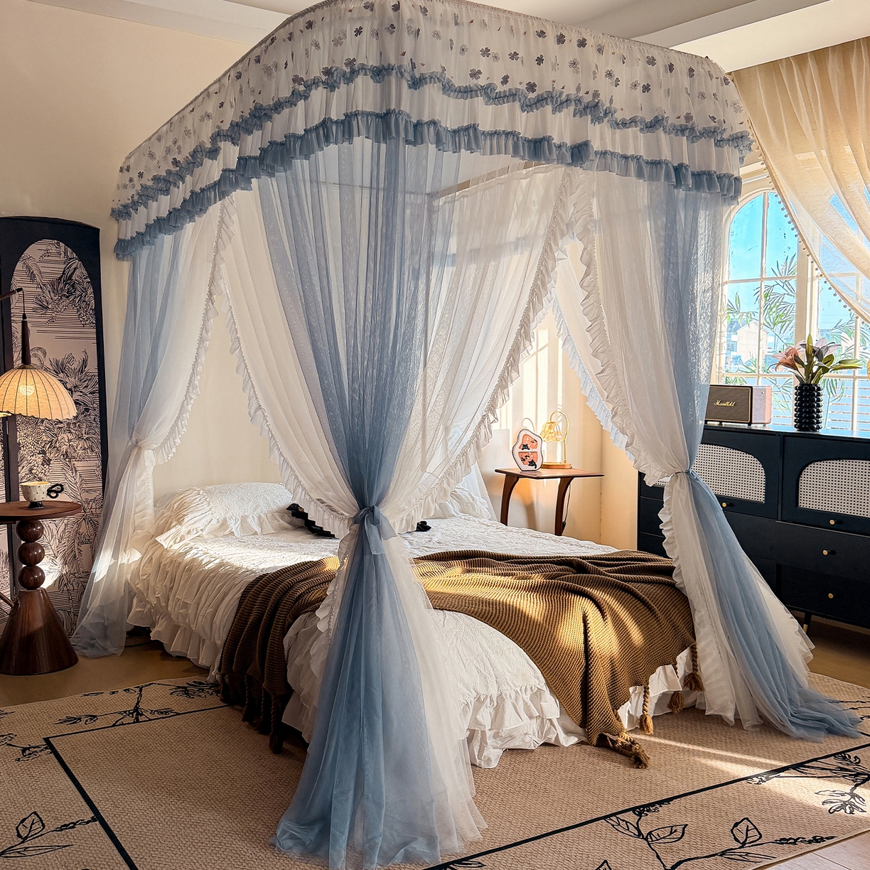 91家纺网 家纺一手货源 找家纺 都市缘蚊帐 2026新款900绣花轨道支架宫廷蚊帐1.5m 1.8m 900四叶草-兰灰