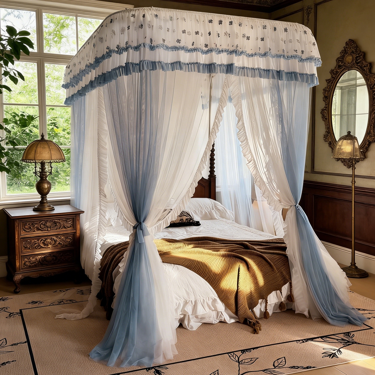 91家纺网 家纺一手货源 找家纺 都市缘蚊帐 2026新款900绣花轨道支架宫廷蚊帐1.5m 1.8m 900四叶草-兰灰