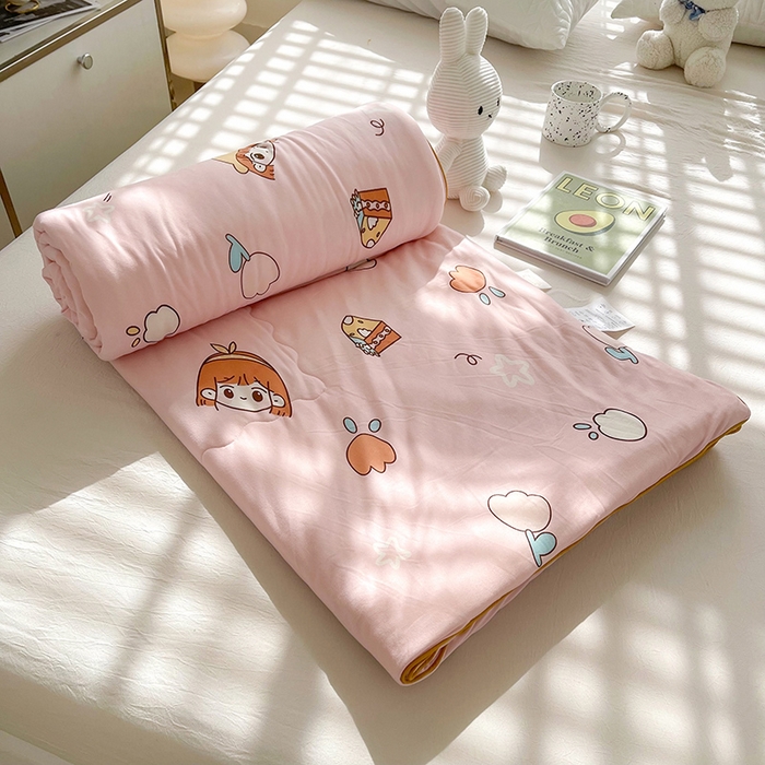 91家纺网 家纺一手货源 找家纺 薇玛仕 2026新款A类牛奶丝针织棉印花大豆夏凉被空调被儿童被 粉色女孩