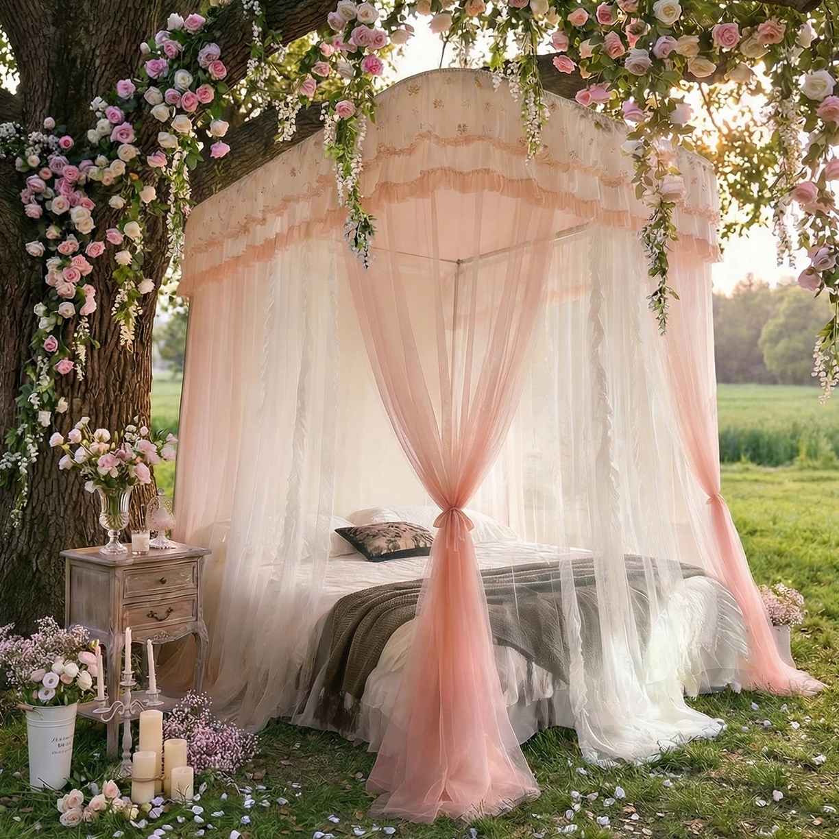 91家纺网 家纺一手货源 找家纺 都市缘蚊帐 2026新款900绣花轨道支架宫廷蚊帐1.5m 1.8m 900四叶草-玉色