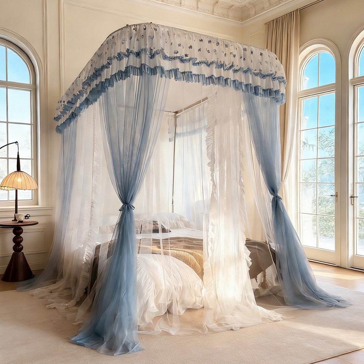 91家纺网 家纺一手货源 找家纺 都市缘蚊帐 2026新款900绣花轨道支架宫廷蚊帐1.5m 1.8m 900四叶草-兰灰