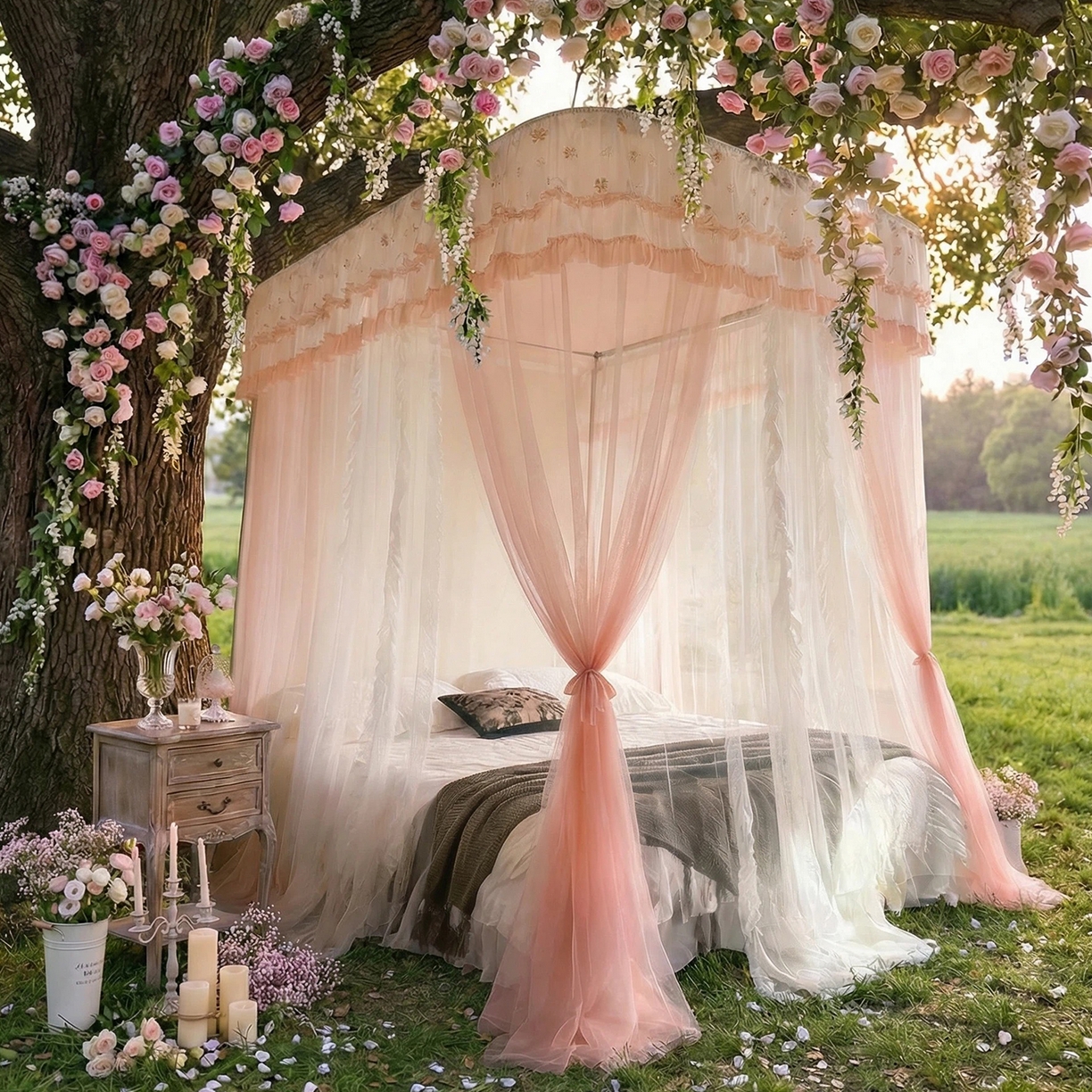 91家纺网 家纺一手货源 找家纺 都市缘蚊帐 2026新款900绣花轨道支架宫廷蚊帐1.5m 1.8m 900四叶草-玉色