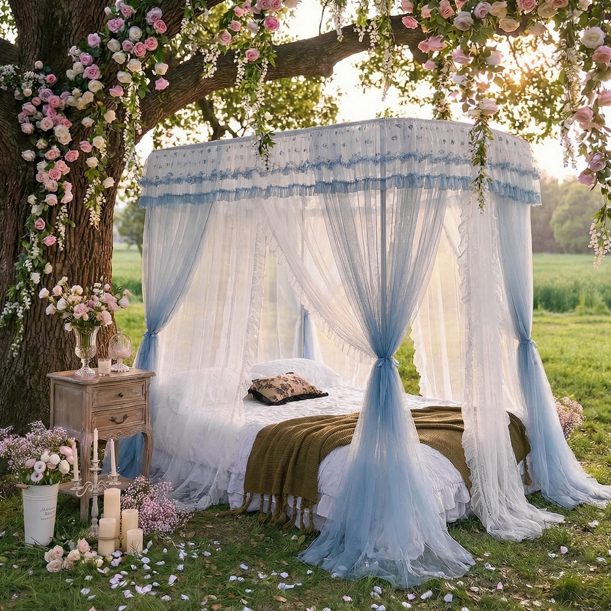 91家纺网 家纺一手货源 找家纺 都市缘蚊帐 2026新款900绣花轨道支架宫廷蚊帐1.5m 1.8m 900四叶草-兰灰