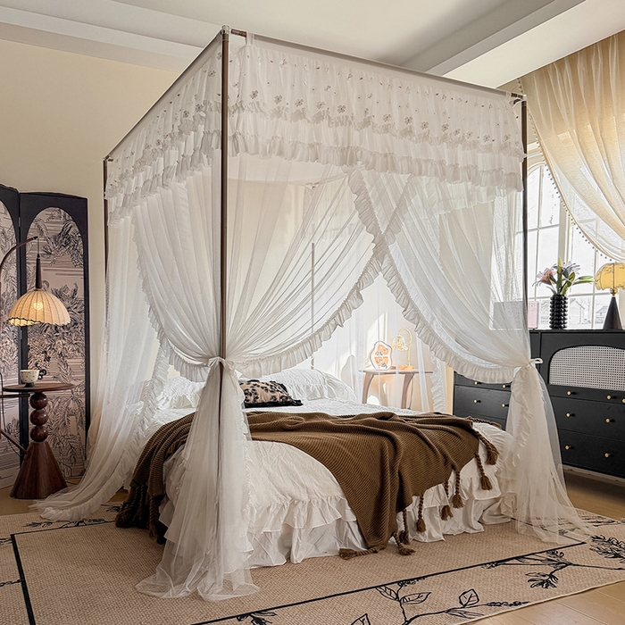 91家纺网 家纺一手货源 找家纺 都市缘蚊帐 2026年新款202四叶草绣花落地宫廷蚊帐1.5m 1.8m 202四叶草- 白色