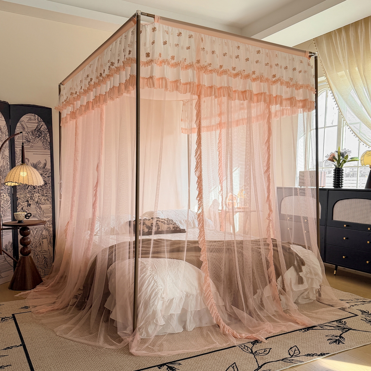 91家纺网 家纺一手货源 找家纺 都市缘蚊帐 2026年新款202四叶草绣花落地宫廷蚊帐1.5m 1.8m 202四叶草-玉色