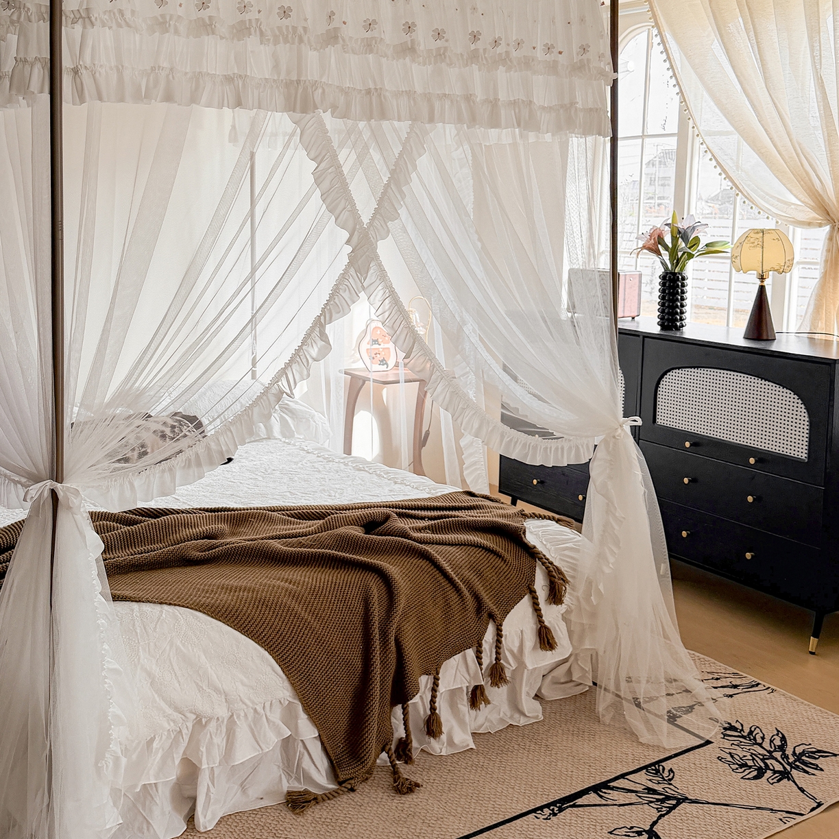 91家纺网 家纺一手货源 找家纺 都市缘蚊帐 2026年新款202四叶草绣花落地宫廷蚊帐1.5m 1.8m 202四叶草- 白色