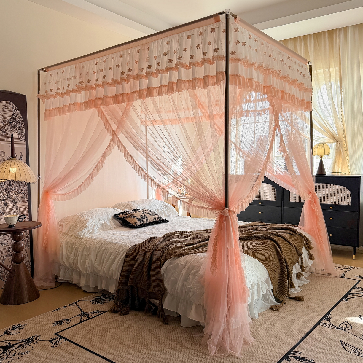 91家纺网 家纺一手货源 找家纺 都市缘蚊帐 2026年新款202四叶草绣花落地宫廷蚊帐1.5m 1.8m 202四叶草-玉色