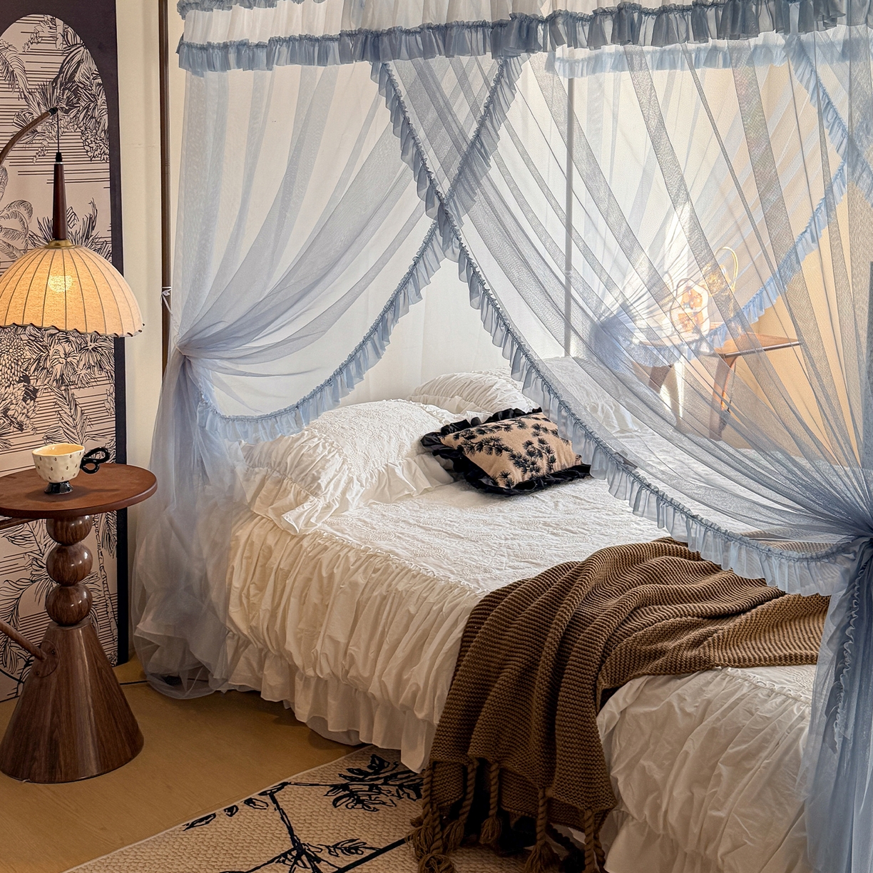 91家纺网 家纺一手货源 找家纺 都市缘蚊帐 2026年新款202四叶草绣花落地宫廷蚊帐1.5m 1.8m 202四叶草-兰灰