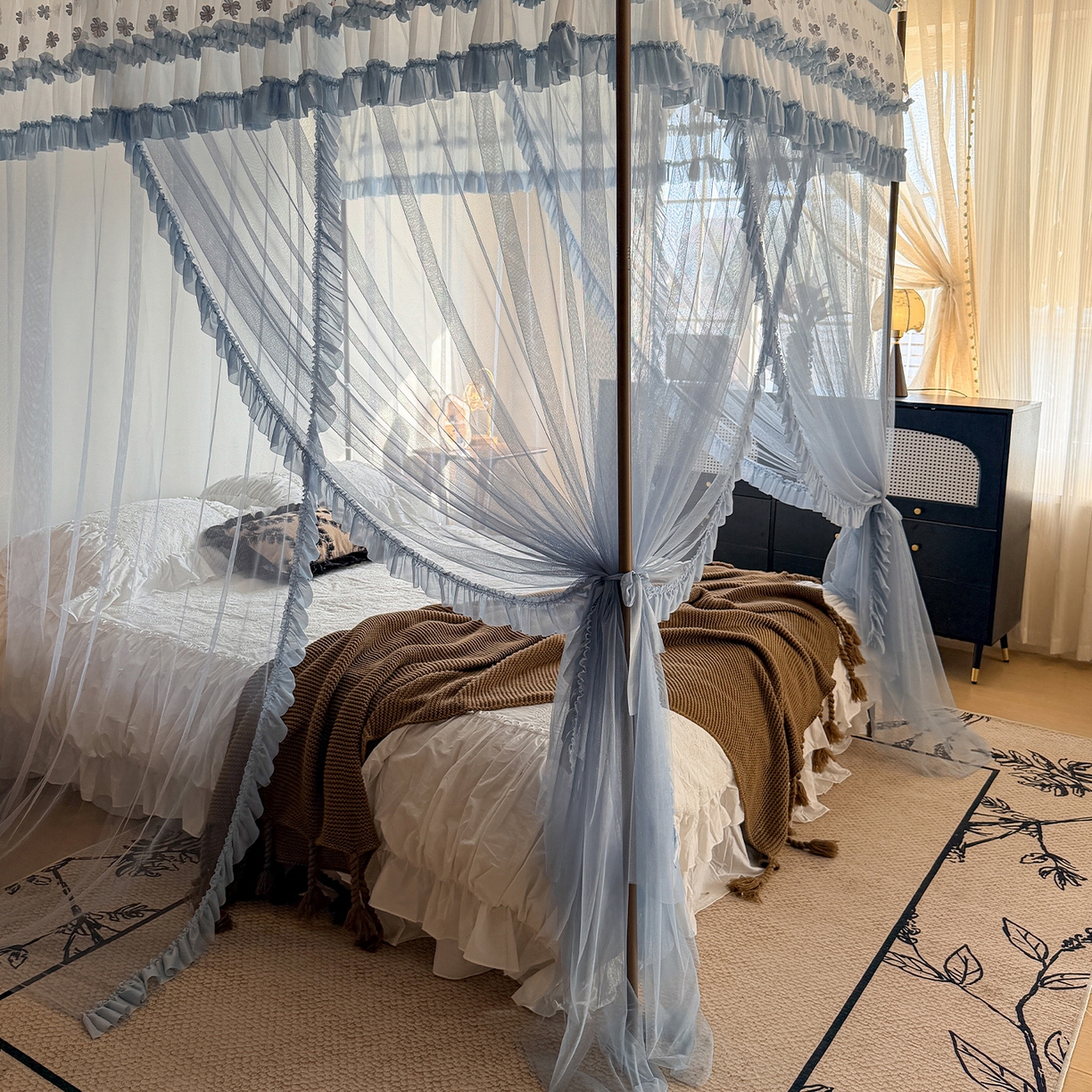 91家纺网 家纺一手货源 找家纺 都市缘蚊帐 2026年新款202四叶草绣花落地宫廷蚊帐1.5m 1.8m 202四叶草-兰灰