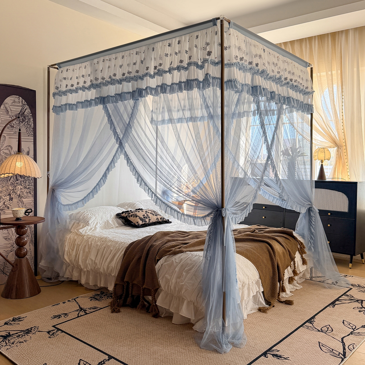 91家纺网 家纺一手货源 找家纺 都市缘蚊帐 2026年新款202四叶草绣花落地宫廷蚊帐1.5m 1.8m 202四叶草-兰灰