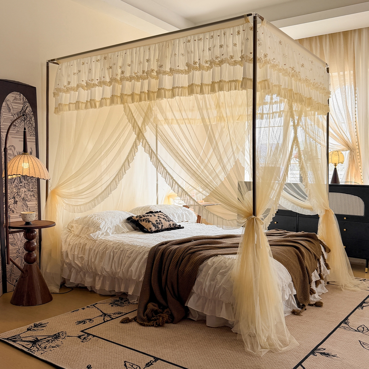 91家纺网 家纺一手货源 找家纺 都市缘蚊帐 2026年新款202四叶草绣花落地宫廷蚊帐1.5m 1.8m 202四叶草-米黄