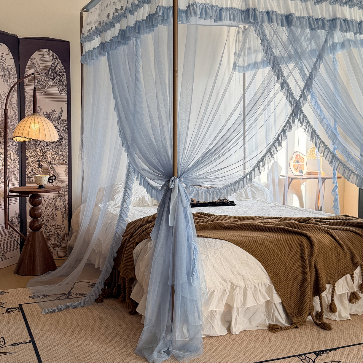 91家纺网 家纺一手货源 找家纺 都市缘蚊帐 2026年新款202四叶草绣花落地宫廷蚊帐1.5m 1.8m 202四叶草-兰灰