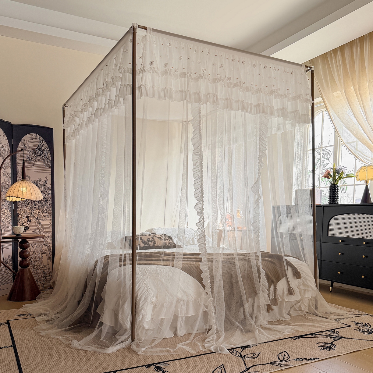 91家纺网 家纺一手货源 找家纺 都市缘蚊帐 2026年新款202四叶草绣花落地宫廷蚊帐1.5m 1.8m 202四叶草- 白色