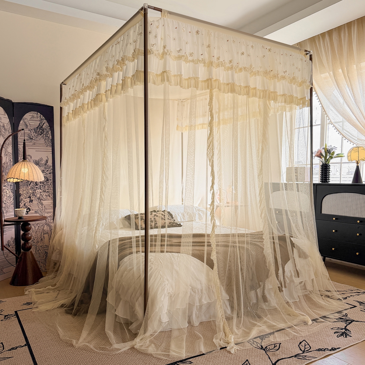 91家纺网 家纺一手货源 找家纺 都市缘蚊帐 2026年新款202四叶草绣花落地宫廷蚊帐1.5m 1.8m 202四叶草-米黄