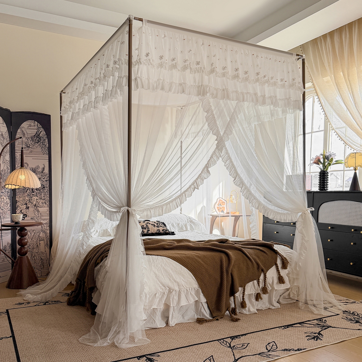 91家纺网 家纺一手货源 找家纺 都市缘蚊帐 2026年新款202四叶草绣花落地宫廷蚊帐1.5m 1.8m 202四叶草- 白色